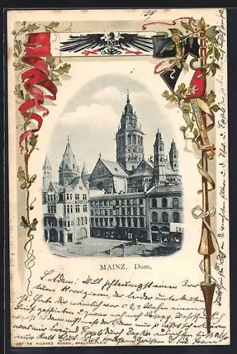 Passepartout-Lithographie Mainz, Dom im Stadtbild, Wappen