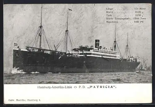 AK Passagierschiff P. D. Patricia in voller Fahrt, Hamburg-Amerika-Linie