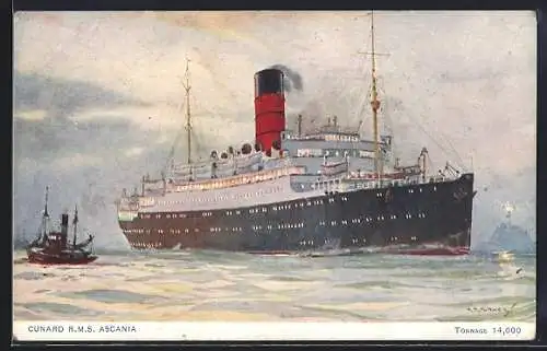 Künstler-AK Passagierschiff RMS Ascania mit Beiboot, Cunard Liner