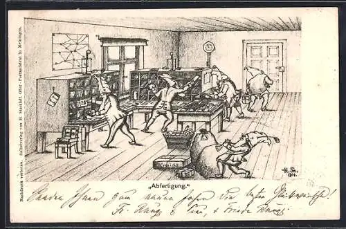 Künstler-AK H. Starkloff: Abfertigung, Postamt mit fleissigen Zwergen