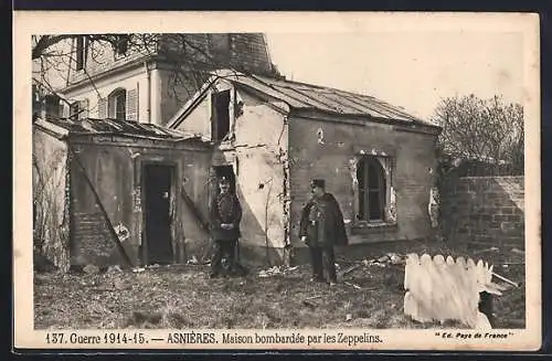 AK Asnières, Maison bombardée par les Zeppelins, Guerre 1914-15