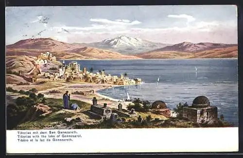 Künstler-AK Friedrich Perlberg: Tiberias, Panorama mit See Genezareth