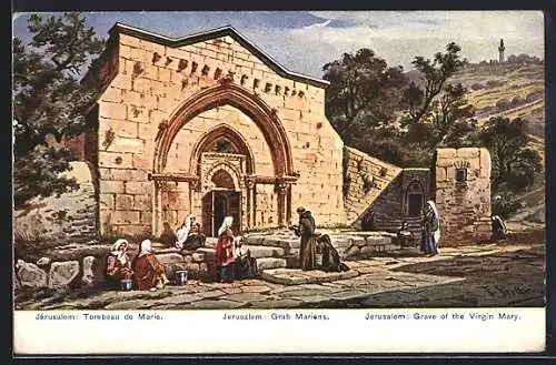 Künstler-AK Friedrich Perlberg: Jerusalem, Menschen am Eingang zum Grabe Mariens