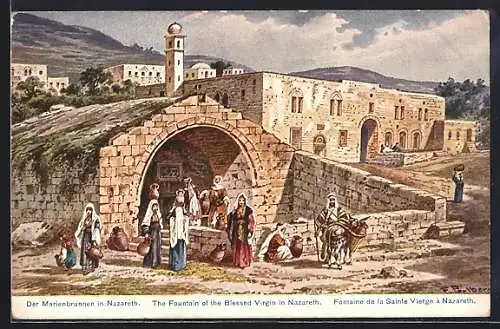Künstler-AK F.Perlberg: Nazareth, Marienbrunnen mit Frauen beim Wasserholen