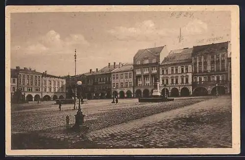AK Trautenau, Ringplatz, Panorama mit Denkmal