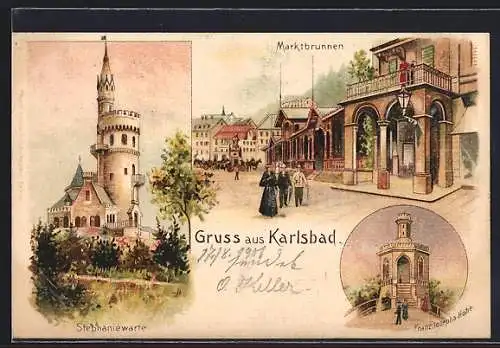 Lithographie Karlsbad, Stephaniewarte, Franz Josephs Höhe, Marktbrunnen