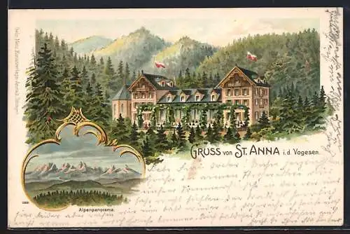 Lithographie St. Anna, Alpenpanorama, Gebäudeansicht