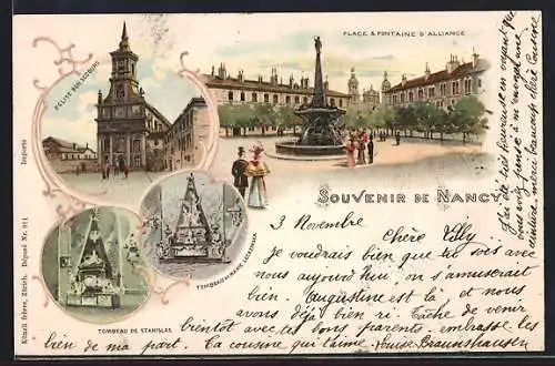 Lithographie Nancy, Place & Fontaine d`Alliance, Eglise Bon secours, Tombeaus de Stanislas et Marie Leckzinska