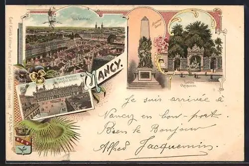 Lithographie Nancy, Fontaine d`Amphitrite, Monument Carnot, Place Stanislas et Hotel de Ville, Vue Generale