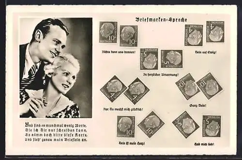 AK Briefmarkensprache, Dein auf Ewig!, Ganz Dein!, Dein ist mein Herz!, Liebespaar