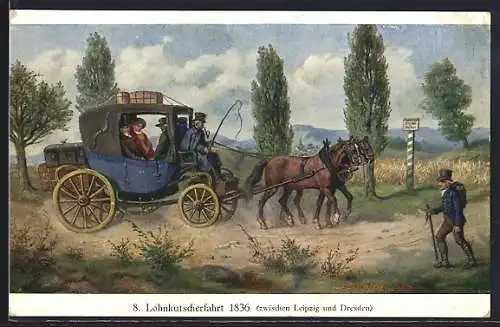 AK Lohnkutscherfahrt 1836, Paar in einer Pferdekutsche