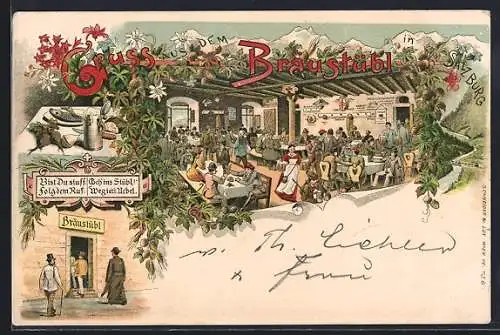 Vorläufer-Lithographie Salzburg, 1895, Gasthof Bräustübl, Gaststube