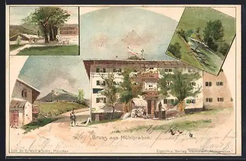 Lithographie Erl, Gasthaus zum Mühlgraben