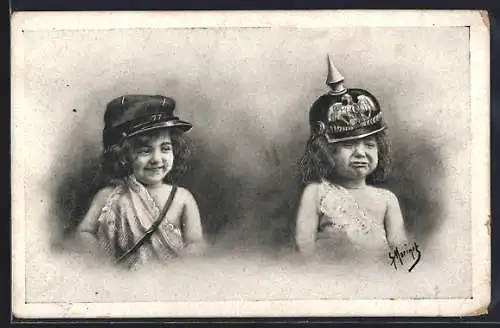 AK Kind mit Pickelhaube weint und Kind mit franz. Schirmmütze lacht