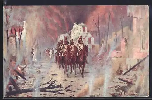Künstler-AK Le retour du Palais Pierre, franz. Kavalleristen in einer zerstörten Stadt, Befreiungskriege