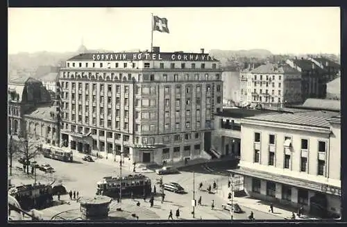 AK Geneve, Strassenbahn am Hotel Cornavin