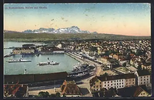 AK Romanshorn, Hafen mit Bahnhof, Dampfer