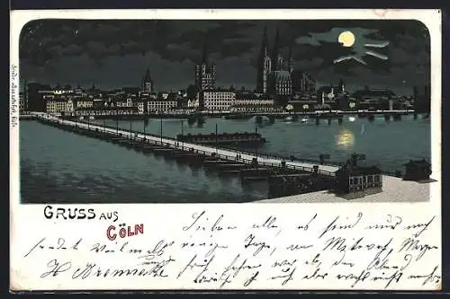 Lithographie Köln, Totalansicht der Stadt, Dampfer