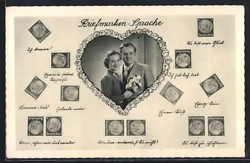 AK Briefmarkensprache, Pärchen in eleganter Kleidung