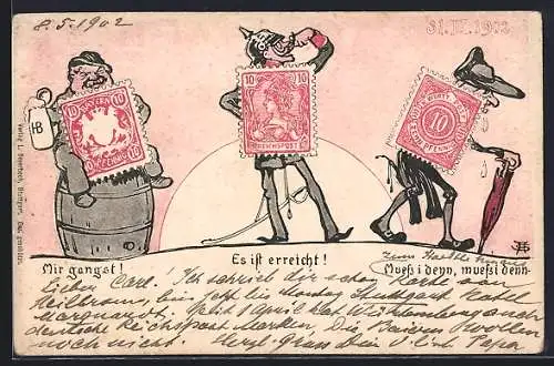 AK Briefmarken, Mir gangst! Es ist erreicht! Muss i denn, muss i denn!