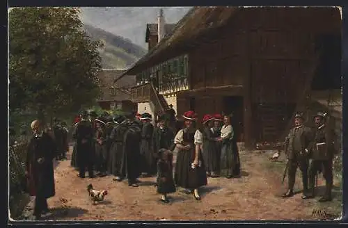 Künstler-AK H. Hoffmann: Nach der Kirche, Leute in Sonntagskleidung