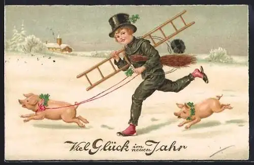 AK Schornsteinfeger mit einer Leiter und zwei Schweinen