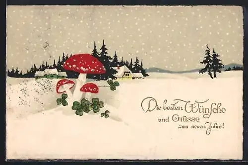 Künstler-AK Fliegenpilze und Kleeblätter im Schnee, Neujahrswünsche