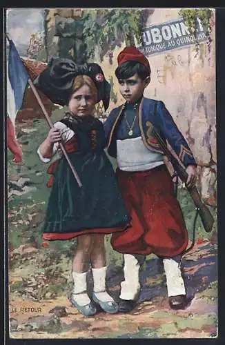 AK Kinder in elsass-lothringische Tracht vor Reklameschild Dubonnet vin Tonique au Quinquina