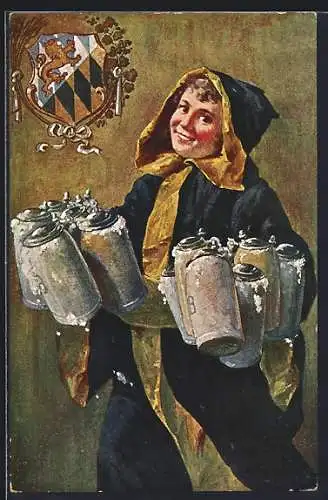 AK Das Münchner Kindl serviert volle Masskrüge des Hofbräuhauses, Wappen