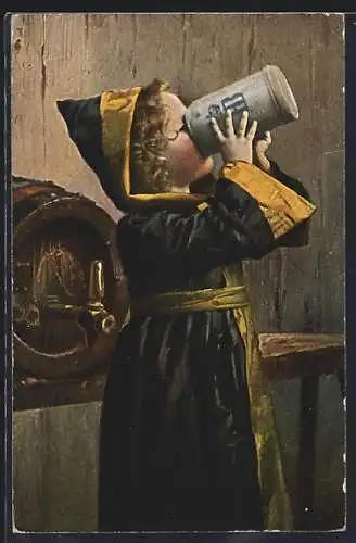 AK Münchner Kindl trinkt aus einem Bierkrug