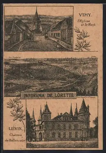 AK Vimy, L`Eglise et le Mont, Panorama de Lorette, Chateau de Rollencourt