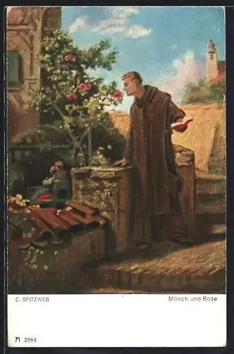 Künstler-AK Carl Spitzweg: romantischer Mönch riecht an blühenden Rosen