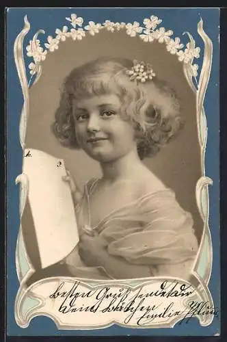 Lithographie Mädchen mit weissem Blatt Papier