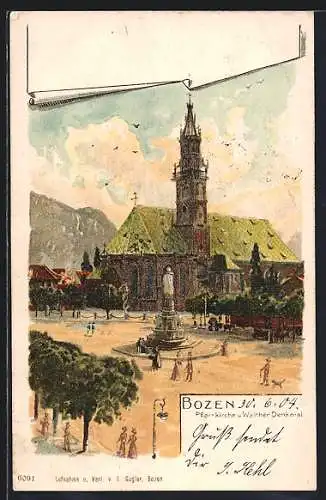 Lithographie Bozen, Pfarrkirche und Walther-Denkmal