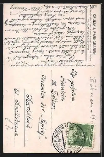 Künstler-AK Krumau, Häuser in der Strasse Parkgraben