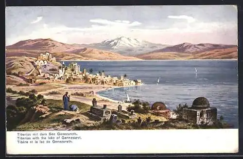 Künstler-AK Friedrich Perlberg: Tiberias, Gesamtansicht mit dem See Genezareth