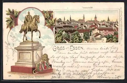 Lithographie Essen / Ruhr, Denkmal Kaiser Wilhelm I., Totalansicht der Stadt