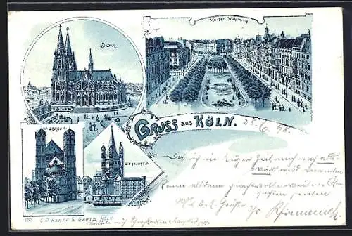 Lithographie Köln-Neustadt, Kaiser-Wilhelm-Ring, Dom, St. Martin