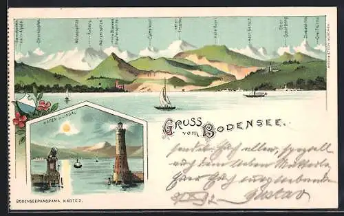 Lithographie Lindau / Bodensee, Hafen mit Leuchtturm, Bergpanorama