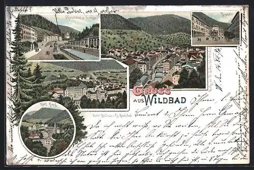 Lithographie Bad Wildbad, Hotel Bellevue u. Kg. Karlsbad, Olgastrasse u. Trinkhalle, Kurplatz