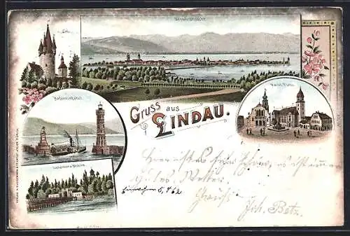 Lithographie Lindau / Bodensee, Gesamtansicht, Marktplatz