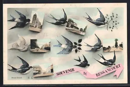 AK Bessancourt, Souvenir de Bessancourt avec hirondelles et vues locales