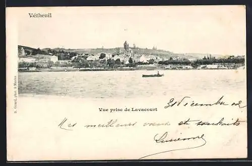 AK Vétheuil, Vue prise de Lavacourt avec une barque sur la rivière
