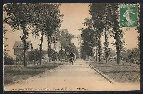 AK Montigny, Route de Paris avec charrette tirée par un cheval
