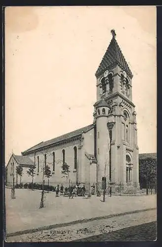 AK Ermont, L`Église Notre-Dame mit umliegenden Bäumen und Strasse