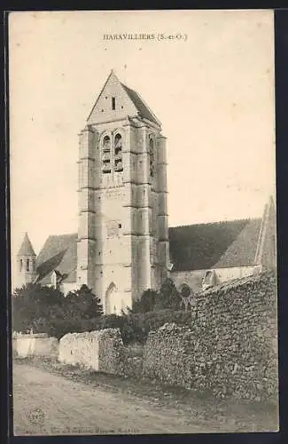 AK Haravilliers, Église avec clocher et mur de pierre adjacente
