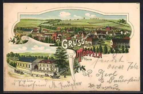 Lithographie Töppeln, Gasthof zur Linde, Ortsansicht