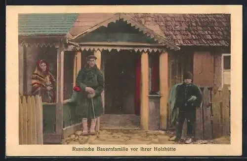 AK Russische Bauernfamilie vor ihrer Holzhütte