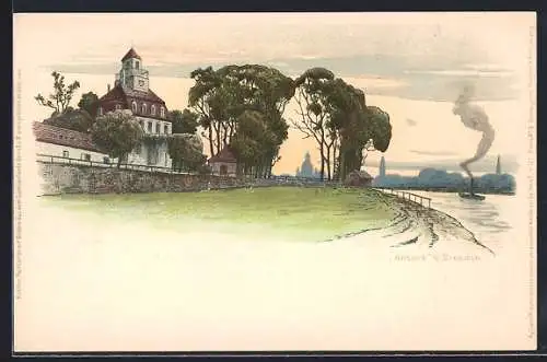 Lithographie Dresden, Blick auf Schloss Anton`s und Elbe