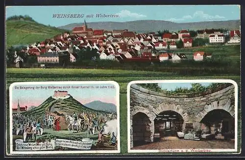 AK Weinsberg, Belagerung der Burg durch Kaiser Konrad III, 1140, Dichterturm an der Weibertreu